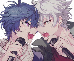 Rule 34 | 2boys, asahi nayuta, blue hair, face-to-face, fang, from argonavis, highres, himishiro, holding, holding microphone, male focus, microphone, multiple boys, nanahoshi ren, open mouth, purple eyes, red eyes, scarf, upper body, white hair