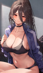 Rule 34 | 1girl, amagimei, black choker, black hair, black sports bra, blue archive, blue jacket, blush, breasts, choker, cleavage, closed mouth, collarbone, hair between eyes, hasumi (blue archive), hasumi (track) (blue archive), highres, jacket, large breasts, long hair, long sleeves, navel, official alternate costume, open clothes, open jacket, ponytail, red eyes, smile, solo, sports bra, stomach, thighs, unzipped, wings