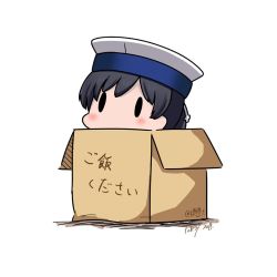 Rule 34 | 1girl, black hair, box, cardboard box, dated, hat, hatsuzuki 527, hiburi (kancolle), in box, in container, kantai collection, sailor hat, short hair, simple background, solid oval eyes, solo, translation request, twitter username, white background