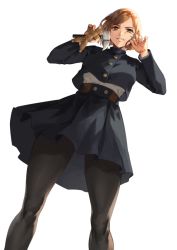 Rule 34 | 1girl, bad id, bad twitter id, between fingers, black pantyhose, blue jacket, blue skirt, brown eyes, brown hair, buttons, commentary request, doll, dutch angle, fingernails, hammer, highres, holding, holding doll, holding hammer, holding nail, jacket, jujutsu kaisen, kugisaki nobara, long sleeves, looking at viewer, mumere (9 xa9), nail, pantyhose, school uniform, short hair, simple background, skirt, smile, solo, symbol-only commentary, voodoo doll, straw doll, white background