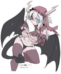 Rule 34 | 1girl, areola slip, bandages, black eyes, black nails, black panties, black souls, black tail, black wings, breasts, bright pupils, collarbone, colored skin, covered erect nipples, crossed bangs, dragon girl, dragon horns, dragon tail, dragon wings, fingernails, glowing, glowing eye, grey horns, hair between eyes, heterochromia, horns, jabberwock (black souls), korean text, long hair, medium breasts, mismatched pupils, multicolored skin, nail polish, navel, nyong nyong, panties, patchwork skin, phallic symbol, purple skin, simple background, stitched arm, stitched face, stitched fingers, stitched leg, stitches, tail, tongue, tongue out, two-tone skin, underwear, white background, white pupils, wings, zombie, zombie dragon