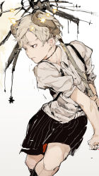 Rule 34 | 1boy, black shorts, blonde hair, brown eyes, closed mouth, grey shirt, highres, hiranko, horns, looking to the side, male focus, original, shirt, short sleeves, shorts, solo, sparkle, standing, white background