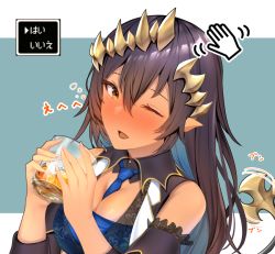 Rule 34 | 1girl, alcohol, beer, between breasts, black hair, blue background, blue necktie, blush, breasts, cleavage, cursor, detached sleeves, drunk, eyelashes, floral print, glass, hair between eyes, hair ornament, hand cursor, headpat, honey strap, ice, long hair, looking at viewer, medium breasts, motion lines, nanashi inc., necktie, necktie between breasts, one eye closed, open mouth, orange eyes, pointy ears, shimamura charlotte, simple background, smile, solo, squeans, straight hair, tail, tail wagging, translated, virtual youtuber, wing collar, yuyu (yuyuworks)