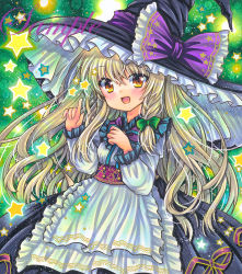 Rule 34 | 1girl, apron, black dress, black hat, blonde hair, bow, dress, green background, hair between eyes, hands up, hat, kirisame marisa, long hair, long sleeves, looking at viewer, marker (medium), open mouth, purple bow, rui (sugar3), smile, solo, star (symbol), starry background, touhou, traditional media, white sleeves, witch hat, yellow eyes