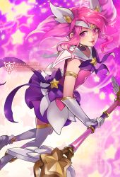 Rule 34 | 1girl, alternate costume, alternate eye color, alternate hair color, alternate hair length, alternate hairstyle, choker, dress, elbow gloves, floating, from behind, gloves, ippus, league of legends, looking at viewer, lux (league of legends), magical girl, makeup, miniskirt, pink background, pink eyes, pink hair, short dress, short twintails, skirt, solo, staff, star (symbol), star guardian (league of legends), star guardian lux, starry background, thighhighs, tiara, twintails, weapon, white thighhighs, zettai ryouiki