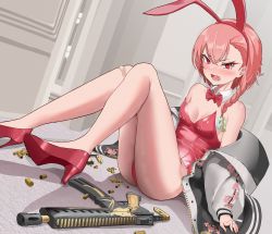 Rule 34 | 1girl, absurdres, animal ears, bandaid, bandaid on knee, bandaid on leg, bare shoulders, blue archive, bow, bowtie, braid, breasts, cherry blossom print, cleavage, detached collar, embarrassed, fake animal ears, fang, floor, floral print, full body, gun, hair between eyes, hair ornament, hair over shoulder, hallway, headband, high heels, highleg, highleg leotard, highres, knees together feet apart, korean commentary, legs, leotard, long sleeves, looking at viewer, lower teeth only, medium hair, mole, mole under each eye, mole under eye, multiple moles, neru (blue archive), neru (bunny) (blue archive), off shoulder, official alternate costume, open mouth, playboy bunny, red bow, red eyes, red headband, red leotard, shell casing, short hair, sitting, skin fang, small breasts, sogogy, solo, strapless, strapless leotard, teeth, thighs, traditional bowtie, weapon, zipper