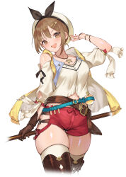 Rule 34 | 1girl, absurdres, atelier (series), atelier ryza, belt, boots, breasts, brown eyes, brown gloves, brown hair, commentary request, cropped jacket, detached sleeves, gloves, hair ornament, hairclip, hat, highres, holding, jewelry, lcy bingzi, looking at viewer, medium breasts, necklace, open mouth, red shorts, reisalin stout, short shorts, shorts, simple background, single glove, skindentation, solo, star (symbol), star necklace, thick thighs, thigh boots, thighhighs, thighs, upper body, white background