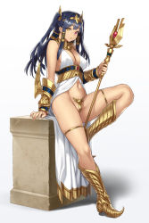 Rule 34 | 1girl, black hair, boots, breasts, c-string, egyptian, egyptian clothes, gold, heterochromia, highres, horus (houtengeki), houtengeki, jewelry, large breasts, long hair, looking at viewer, multicolored eyes, navel, original, red eyes, simple background, sitting, solo, staff, standing, strapless bottom, twintails, white background, yellow eyes