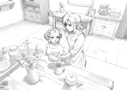 Rule 34 | 1boy, 1girl, apron, artist name, bellachiiii, book, book stack, braid, commentary, crown braid, cup, earrings, english commentary, flower, food, greyscale, hair ornament, hairclip, highres, holding, holding plate, indoors, jewelry, link, looking at another, medium hair, monochrome, mug, nintendo, parted bangs, plate, pointy ears, princess zelda, shelf, shirt, short hair, smile, the legend of zelda, the legend of zelda: tears of the kingdom, vase, wooden floor