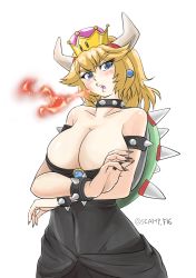 Rule 34 | 1girl, armlet, bare shoulders, black collar, black dress, black nails, blonde hair, blue eyes, blue gemstone, blush, bowsette, bracelet, breasts, breath weapon, breathing fire, cleavage, collar, commentary request, crossed arms, crown, dress, earrings, fire, frown, gem, head tilt, highres, horns, jewelry, large breasts, looking at viewer, mario (series), medium hair, nail polish, new super mario bros. u deluxe, nintendo, open mouth, partial commentary, pointy ears, scamp (scamp f16), sharp teeth, simple background, solo, spiked armlet, spiked bracelet, spiked collar, spiked shell, spikes, standing, strapless, strapless dress, super crown, teeth, turtle shell, twitter username, upper body, white background