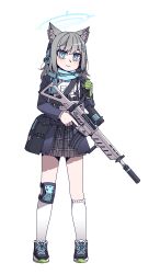 Rule 34 | 1girl, absurdres, animal ear fluff, animal ears, assault rifle, blue archive, blue eyes, blue jacket, blue scarf, blush, bulletproof vest, closed mouth, commentary request, cross hair ornament, extra ears, full body, grey hair, gun, hair ornament, headset, highres, holding, holding gun, holding weapon, jacket, karepack, knee pads, kneehighs, long sleeves, looking at viewer, magazine (weapon), medium hair, mismatched pupils, no halo, plaid, plaid skirt, bulletproof vest, pleated skirt, revision, rifle, scarf, school uniform, shiroko (blue archive), shoes, sig sauer, sig sauer 556, single knee pad, skirt, smile, socks, solo, standing, striped clothes, striped scarf, transparent background, weapon, white socks, wolf ears