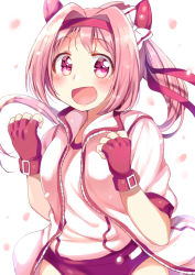 Rule 34 | 1girl, :d, animal ears, blush, bow, buruma, commentary, ear bow, ear covers, falling petals, fingerless gloves, floating hair, flower-shaped pupils, gloves, hairband, hands up, happy, haru urara (umamusume), horse ears, jacket, long hair, looking at viewer, open clothes, open jacket, open mouth, petals, pink hair, ponytail, purple buruma, purple eyes, red gloves, red hairband, shirt, simple background, smile, solo, symbol-shaped pupils, tatsunokosso, umamusume, white background, white jacket, white shirt
