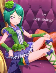 Rule 34 | 1girl, center frills, closed mouth, commentary request, detached sleeves, flower, frilled shirt, frills, green flower, green hair, green rose, green shirt, green shorts, hair flower, hair ornament, happy birthday, highres, hizuki (hiduki6121), kiratto pri chan, looking at viewer, midorikawa sara, on chair, one eye closed, pillow, pink eyes, pretty series, rose, shirt, short hair, shorts, sitting, smile, solo, throne