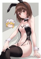 Rule 34 | 1girl, :/, absurdres, alternate costume, animal ears, arm support, bare shoulders, black leotard, bow, breasts, brown eyes, brown hair, chibi, chibi inset, detached collar, fake animal ears, feet out of frame, highres, leotard, looking at viewer, maribel hearn, meme attire, no headwear, playboy bunny, rabbit ears, ramie (ramie541), see-through, sitting, solo, thighhighs, touhou, translucent bunnysuit, usami renko, wrist cuffs