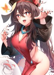Rule 34 | 1girl, absurdres, bad id, bad pixiv id, black hat, boo tao (genshin impact), breasts, brown hair, cleavage, flower-shaped pupils, genshin impact, ghost, hair between eyes, halloween costume, hat, highres, hu tao (genshin impact), kishita yuu, long hair, long sleeves, medium breasts, nail polish, open mouth, red eyes, shrug (clothing), simple background, solo, symbol-shaped pupils, thighs, white background