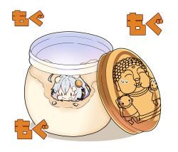 Rule 34 | 1girl, absurdres, ahoge, blush, closed mouth, eating, food, food on face, food on hair, grey hair, hair between eyes, hair ornament, highres, in container, in jar, jar, kizuna akari, long hair, milkpanda, motion lines, pudding, simple background, solo, voiceroid, white background