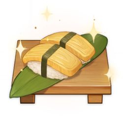 Rule 34 | artist request, commentary, cutting board, english commentary, fish (food), food, food focus, game cg, genshin impact, leaf, lowres, nigirizushi, no humans, official art, omelet, rice, simple background, sparkle, still life, sushi, sushi geta, tamagoyaki, third-party source, transparent background