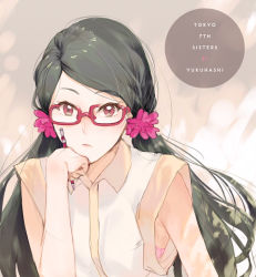 Rule 34 | 1girl, black hair, character name, copyright name, ekao, glasses, looking at viewer, pencil, red-framed eyewear, red eyes, scrunchie, sleeveless, solo, tokyo 7th sisters, twintails, yukuhashi ei