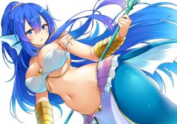Rule 34 | 1girl, arm strap, bare shoulders, bikini, blue eyes, breasts, cleavage, commentary, dutch angle, english commentary, fins, hair between eyes, head fins, high ponytail, highres, holding, holding staff, large breasts, loincloth, long hair, looking at viewer, mermaid, monster girl, navel, original, showgirl skirt, simple background, solo, staff, stomach, strapless, strapless bikini, suruga (xsurugax), swimsuit, v-shaped eyebrows, very long hair, white background, white bikini