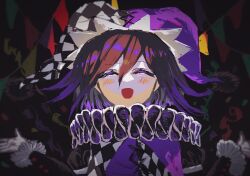 1boy :d black_background black_hair blush checkered_clothes checkered_headwear checkered_shirt closed_eyes danganronpa_(series) danganronpa_v3:_killing_harmony facing_viewer hat highres jester jester_cap multicolored_background multicolored_hair oma_kokichi open_mouth purple_hair purple_hat shirt smile solo tsutsumi-yaki_hanbagu-ya-san_netabare two-tone_hair