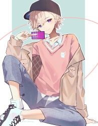 Rule 34 | 1boy, alternate costume, azna, black footwear, blush, brown jacket, card, closed mouth, collared shirt, genshin impact, hair between eyes, hat, highres, holding, holding card, jacket, long sleeves, looking at viewer, lyney (genshin impact), male focus, open clothes, open jacket, pants, pink shirt, purple eyes, shirt, shoes, simple background, sitting, sneakers, solo, twitter username, white footwear, white shirt
