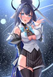 Rule 34 | 1girl, absurdres, black thighhighs, blue bow, blue bowtie, blue eyes, blush, bow, bowtie, breasts, cleavage, detached sleeves, hair intakes, halo, heart, highres, hololive, hololive english, large breasts, makudesu, mechanical halo, open mouth, ouro kronii, ouro kronii (1st costume), short hair, skirt, sky, solo, star (sky), star (symbol), starry background, starry sky, striped clothes, striped skirt, thick thighs, thighhighs, thighs, turtleneck, underboob, virtual youtuber, waving
