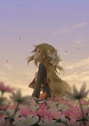 Rule 34 | 1girl, absurdres, black dress, blush, closed mouth, commentary request, dress, field, flower, flower field, from side, hair flower, hair ornament, highres, junko (touhou), lily (flower), long sleeves, no headwear, orange sky, orange tabard, otomeza ryuseigun, outdoors, pink flower, profile, red eyes, sitting, sky, smile, solo, star (sky), starry sky, tabard, touhou, white flower, wide sleeves