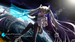 Rule 34 | 1girl, absurdly long hair, artist name, black footwear, black skirt, black sleeves, black thighhighs, blue eyes, blue hair, blue necktie, boots, character name, closed mouth, collared shirt, constellation, detached sleeves, floating hair, glowing, gradient hair, hair between eyes, hatsune miku, highres, long hair, long sleeves, looking at viewer, miniskirt, multicolored hair, necktie, pleated skirt, shirt, skirt, sky, sleeveless, sleeveless shirt, solo, song name, space, star (sky), starry sky, thigh boots, thighhighs, twintails, very long hair, vocaloid, white shirt, wing collar, yuuki mix, zettai ryouiki