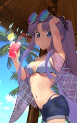 Rule 34 | 1girl, absurdres, armpits, bikini, blue eyes, blue hair, capelet, cup, eyewear on head, fate/grand order, fate (series), highres, holding, holding cup, long hair, looking at viewer, medea (lily) (fate), nanao (aoyamahikari), palm tree, pointy ears, ponytail, see-through, shorts, solo, sunglasses, swimsuit, tree