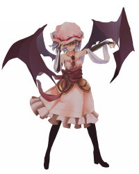 Rule 34 | 1girl, bad id, bad pixiv id, bat wings, blue hair, boots, dress, elbow gloves, female focus, gloves, grin, hat, jewelry, large wings, necklace, pantyhose, red eyes, remilia scarlet, simple background, smile, solo, thigh boots, thighhighs, touhou, white background, wings, yoo (tabi no shiori)