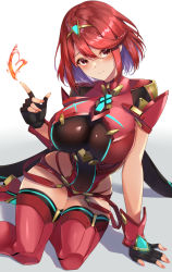 Rule 34 | 1girl, arm support, armor, black gloves, bodysuit, breasts, chest jewel, closed mouth, eel mizue, fingerless gloves, fire, gloves, hair between eyes, heart, highres, large breasts, leaning to the side, looking at viewer, nail polish, pyra (xenoblade), red armor, red eyes, red hair, red nails, red shorts, red thighhighs, short hair, short shorts, shorts, simple background, sitting, smile, solo, swept bangs, thighhighs, tiara, xenoblade chronicles (series), xenoblade chronicles 2, yokozuwari