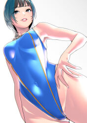 Rule 34 | 1girl, black eyes, black hair, blue hair, blue one-piece swimsuit, commentary request, competition swimsuit, covered navel, highleg, highleg swimsuit, highres, lips, multicolored hair, one-piece swimsuit, original, parted lips, rom no hito, short hair, simple background, solo, swimsuit, two-tone hair, two-tone swimsuit, white background