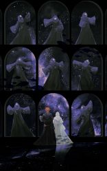 Rule 34 | 2boys, 6+others, absurdres, ambiguous gender, arch, arm at side, black capelet, black robe, black skin, bowing, capelet, clytie (ata yuri), colored skin, constellation, covered eyes, dancing, erichthonios, facing away, final fantasy, final fantasy xiv, fish, from behind, galaxy, highres, hood, hood down, hood up, hooded capelet, hooded robe, long sleeves, male focus, mask, medium hair, multiple boys, multiple others, no mouth, orange hair, outstretched arms, reflective floor, robe, school of fish, short hair, side-by-side, sky, space, spread arms, standing, star (sky), starry sky, surreal, themis (ff14), transparent, white capelet, white hair, white robe, wide sleeves