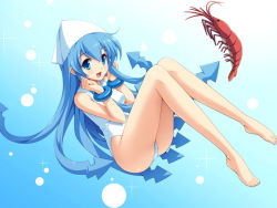 Rule 34 | barefoot, blue eyes, blue hair, hat, ikamusume, shinryaku! ikamusume, shrimp, swimsuit