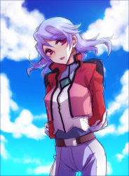 Rule 34 | 00s, 1girl, anew returner, arms behind back, bad id, bad pixiv id, bodysuit, contrapposto, cowboy shot, gloves, gundam, gundam 00, light purple hair, looking at viewer, otsuo, red eyes, short hair, solo, standing, white gloves