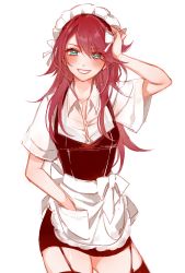Rule 34 | 1girl, apron, bang dream!, black dress, blue eyes, blush, bow, breasts, collared shirt, commentary request, dress, garter straps, grin, hair bow, hand in pocket, hand on own head, long hair, looking at viewer, maid, maid headdress, mamaloni, medium breasts, pinafore dress, red hair, shirt, short sleeves, simple background, sleeveless dress, smile, solo, udagawa tomoe, waist apron, white apron, white background, white bow, white shirt