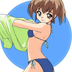 Rule 34 | 1girl, back, bikini, brown hair, clothes lift, female focus, flat chest, grey eyes, looking back, lowres, shirt lift, short hair, short twintails, side-tie bikini bottom, smile, solo, swimsuit, twintails, undressing