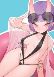 Rule 34 | 1girl, absurdres, arm up, black one-piece swimsuit, blue background, blush, covered erect nipples, eyewear on head, fate/grand order, fate (series), fingernails, highres, horns, innertube, navel, one-piece swimsuit, outline, parted lips, pink eyes, purple hair, rabbit (wlsdnjs950), see-through, short hair, shuten douji (fate), simple background, sitting, skin-covered horns, slingshot swimsuit, solo, sunglasses, swim ring, swimsuit, white outline