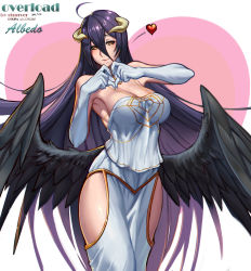 Rule 34 | 1girl, ahoge, albedo (overlord), armpits, bare shoulders, black hair, black wings, breasts, demon girl, demon horns, detached collar, elbow gloves, english text, engrish text, female focus, gloves, gtunver, heart, heart hands, highres, hip vent, horns, large breasts, long hair, long skirt, looking at viewer, low wings, md5 mismatch, overlord (maruyama), purple hair, ranguage, resolution mismatch, simple background, skirt, smile, solo, standing, thighs, very long hair, white gloves, wings, yellow eyes