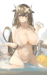 Rule 34 | 1girl, absurdres, animal ears, armlet, azur lane, bandaid, bandaid on head, bare shoulders, bikini, bird, blush, bottle, breasts, chick, cleavage, closed mouth, collarbone, commentary request, covered erect nipples, cow ears, cow girl, cow horns, cow tail, flower, groin, hair between eyes, hair flower, hair ornament, halterneck, highleg, highleg bikini, highres, holding, holding bottle, horns, kashino (azur lane), kashino (hot springs relaxation) (azur lane), large breasts, long hair, looking at viewer, manjuu (azur lane), milk bottle, multi-strapped bikini bottom, navel, onsen, partially submerged, sidelocks, sitting, skindentation, solo, steam, stomach, swimsuit, tail, tearing up, thigh strap, very long hair, wariza, water, white bikini, white flower, yusha m