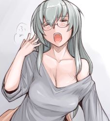 Rule 34 | 00s, 1girl, bare shoulders, breasts, casual, cleavage, glasses, large breasts, off shoulder, aged up, one eye closed, open mouth, rozen maiden, silver hair, solo, suigintou, tsuda nanafushi, wink, yawning