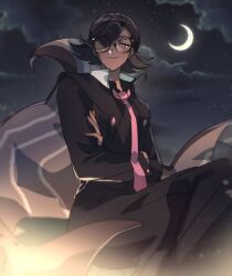 1boy bad_id bad_twitter_id bishounen brown_hair cloud cookie_run cookie_run:_kingdom crescent_moon crossed_arms dark-skinned_male dark_skin espresso_cookie glasses humanization inactive_account long_sleeves looking_at_viewer male_focus moon necktie night outdoors red_necktie round_eyewear short_hair sky solo star_(sky) starry_sky third-party_source toyobird99