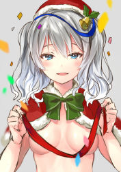 Rule 34 | 10s, 1girl, bad id, bad pixiv id, bell, blue eyes, blush, breasts, christmas, convenient censoring, hair bell, hair ornament, hanekoto, hat, kantai collection, kashima (kancolle), long hair, looking at viewer, open mouth, ribbon, santa hat, silver hair, sketch, small breasts, smile, solo, topless, tsurime, twintails, wavy hair
