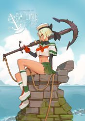 Rule 34 | 1girl, anchor, blonde hair, blue eyes, blue sky, boots, cloud, crop top, day, english text, fingerless gloves, from side, full body, gloves, green skirt, groin, hat, hat ribbon, highres, holding, horizon, looking at viewer, midriff, mouth hold, navel, neckerchief, ocean, original, outdoors, over shoulder, pleated skirt, red gloves, ribbon, rope, sailor hat, school uniform, serafuku, shirt, short hair, short sleeves, sitting, skirt, sky, smoking pipe, socks, solo, timbougami, water, white footwear, white socks