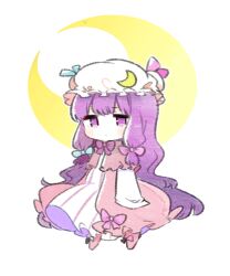 Rule 34 | 1girl, blue ribbon, bow, chibi, crescent, crescent hat ornament, dress, full body, hair bow, hat, hat ornament, hat ribbon, highres, kurotaro, long hair, long sleeves, looking at viewer, mob cap, patchouli knowledge, pink bow, pink ribbon, purple bow, purple eyes, purple hair, ribbon, simple background, sleeves past fingers, sleeves past wrists, solo, striped clothes, striped dress, touhou, white dress