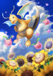 Rule 34 | bag, blurry, brown eyes, claws, cloud, commentary request, creatures (company), day, dragonite, flower, from below, game freak, gen 1 pokemon, gen 2 pokemon, highres, hoppip, kikuyoshi (tracco), nintendo, open mouth, outdoors, pokemon, pokemon (creature), shoulder bag, signature, sky, smile, sunflora, sunflower, tongue