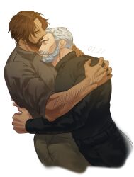 Rule 34 | 2boys, absurdres, arm hair, bara, beard, cassidy (overwatch), cdmyum0, couple, cropped legs, dark-skinned male, dark skin, facial hair, from side, full beard, hand on another&#039;s shoulder, highres, hug, kiss, kissing forehead, leaning on person, looking at viewer, male focus, mature male, multiple boys, mustache, mutual hug, old, old man, overwatch, pants, profile, scar, scar on face, scar on forehead, short hair, soldier: 76 (overwatch), thick beard, thick eyebrows, thick mustache, white hair, yaoi