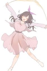 Rule 34 | ^ ^, belt, bow, breasts, brown hair, cardigan, closed eyes, dress, hair bow, idolmaster, idolmaster shiny colors, jumping, large breasts, nekoshoko, outstretched arms, see-through, see-through silhouette, simple background, solo, spread arms, tsukioka kogane, white background
