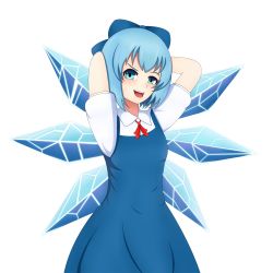 Rule 34 | 1girl, absurdres, arms behind head, blue bow, blue dress, blue eyes, blue hair, bow, cirno, cowboy shot, dress, hair between eyes, hair bow, highres, ice, ice wings, looking at viewer, open mouth, red neckwear, round teeth, seelenfresserin, short hair, short sleeves, solo, teeth, touhou, white background, wings