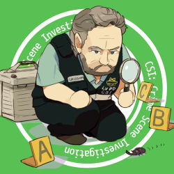 Rule 34 | 1boy, animification, beard, beetle, black pants, bug, chibi, collared shirt, copyright name, csi, csi las vegas, facial hair, gil grissom, green background, grey hair, insect, lowres, magnifying glass, male focus, motion lines, mustache, name tag, nemurism, on one knee, pants, rhinoceros beetle, shirt, short hair, short sleeves, simple background, solo, vest